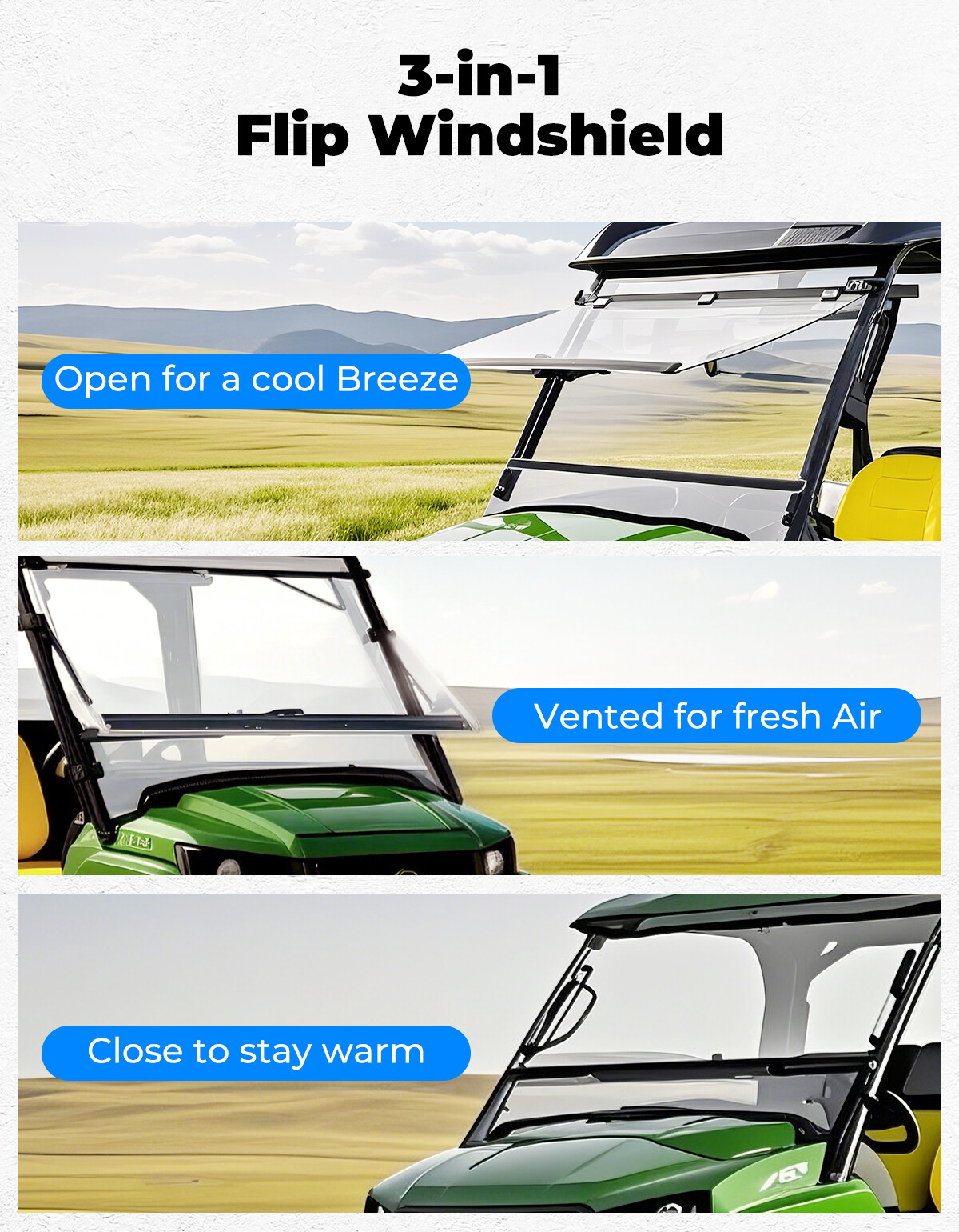 3-in-1 Flip Front Windshield For John Deere Gator 620i/625i /825i/HPX/XUV 850
