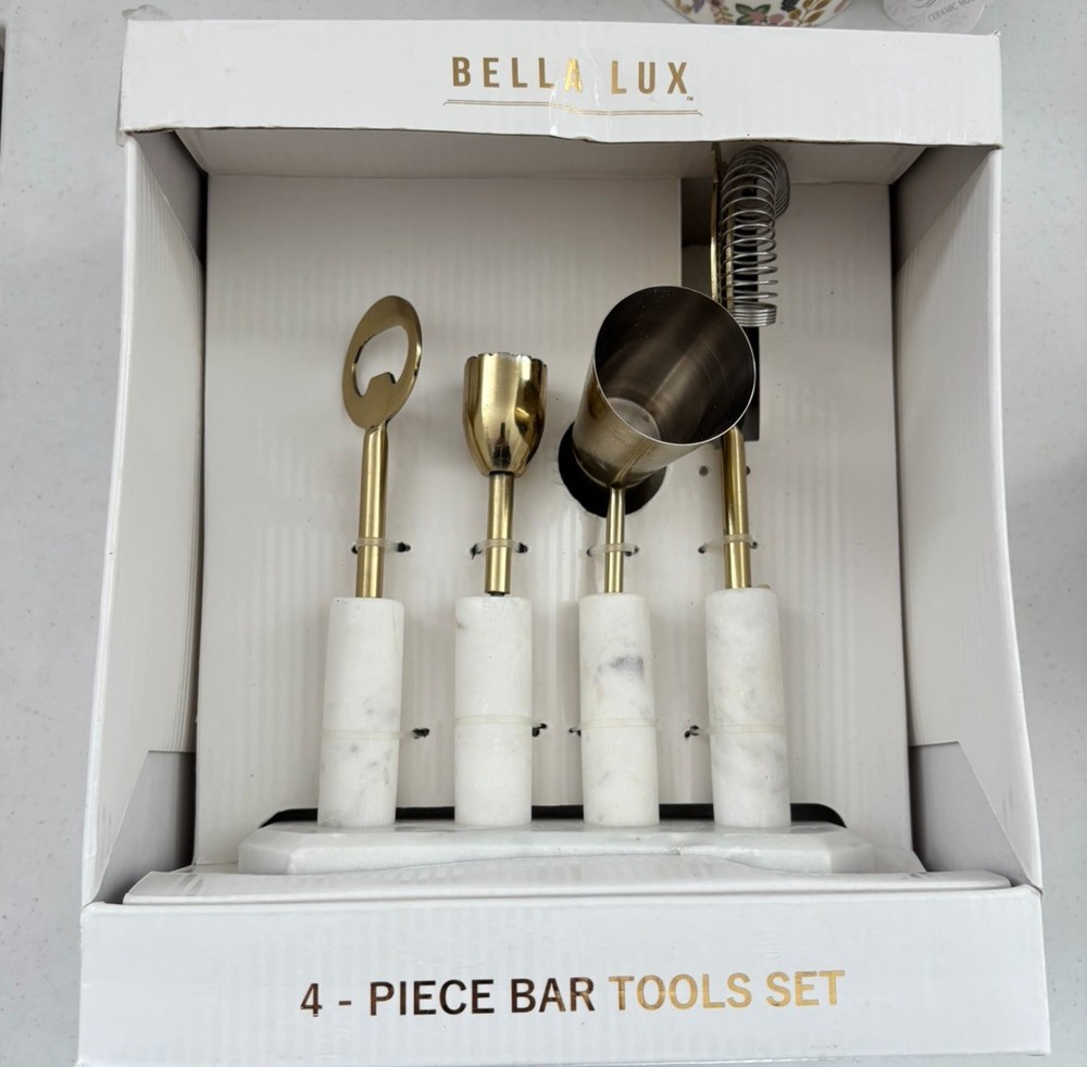 Bella Lux | White Marble & Gold Bar Tool Set | 4 Pc Cocktail Set