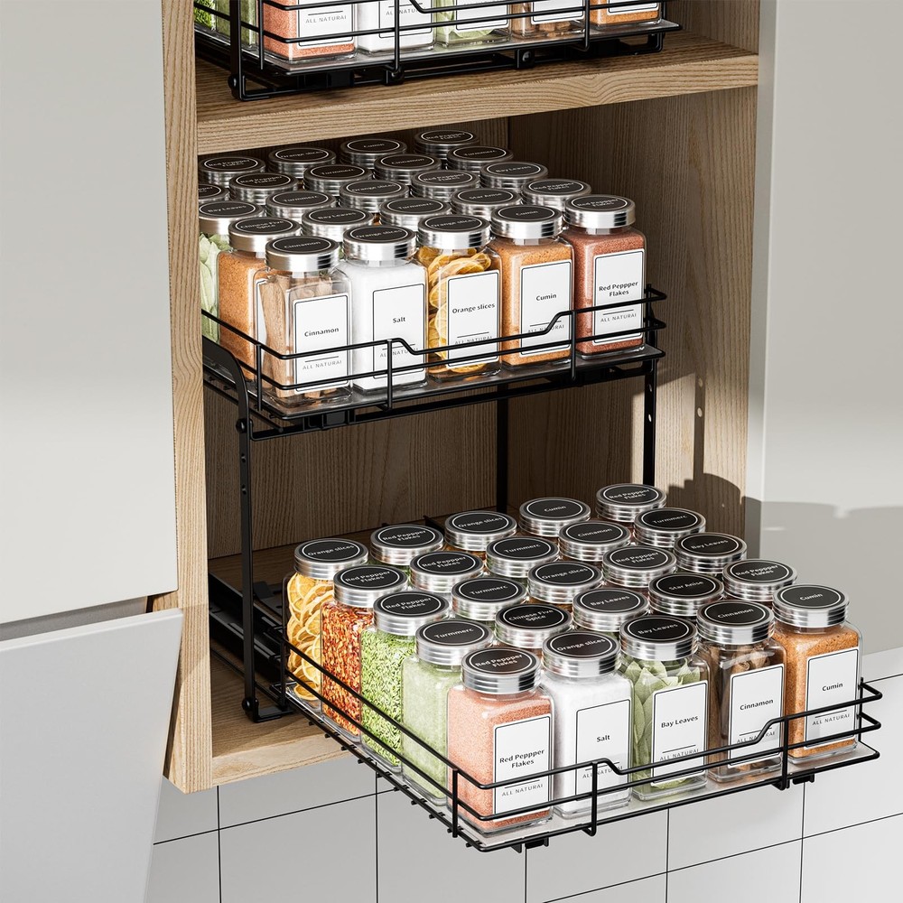 2-Tier Spice Rack Organizer, Pull Out Spice Rack for Cabinet, Height Adjustab...