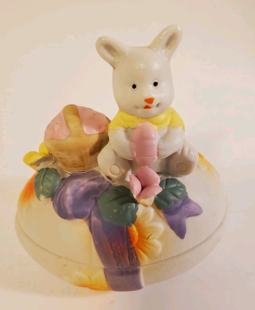 2 Easter Egg Trinket Boxes 1 Bunny 1 Chick Basket w/ Flowers Ceramic Chalkware