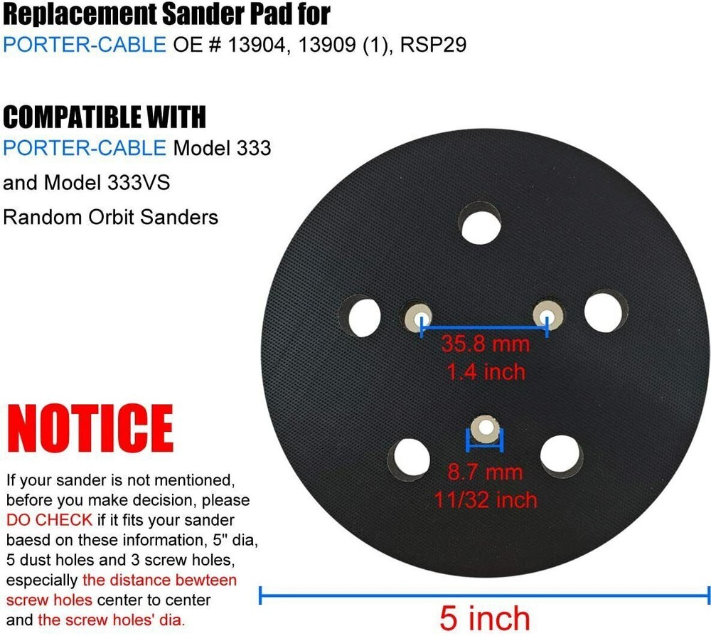 5" Orbital Sander Replacement Pad Hook & Loop 5-Hole for PORTER-CABLE 333, 333VS