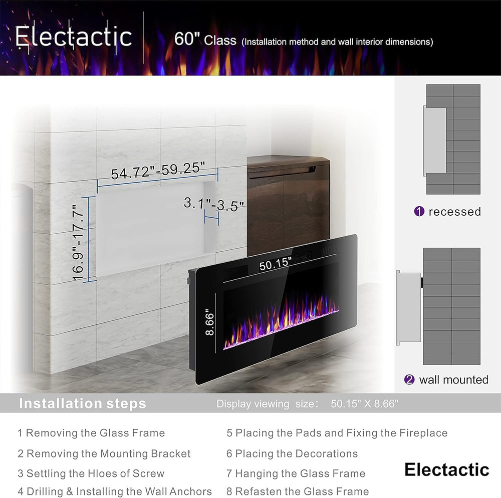 60" Electric Fireplace Insert with Remote, Thermostat & Adjustable Flames