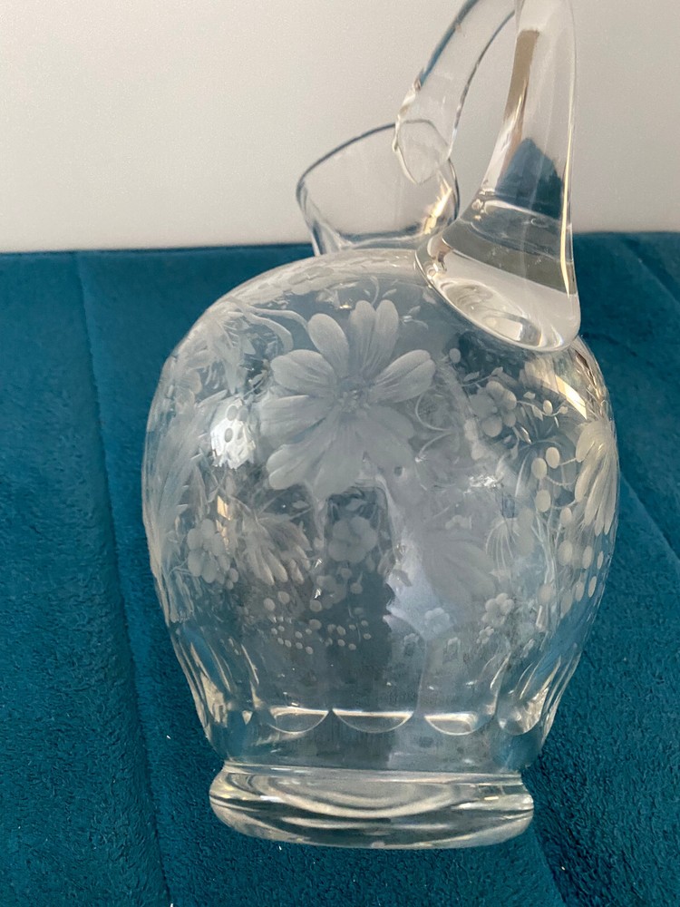Signed Wagner Floral Etched Glass Pitcher