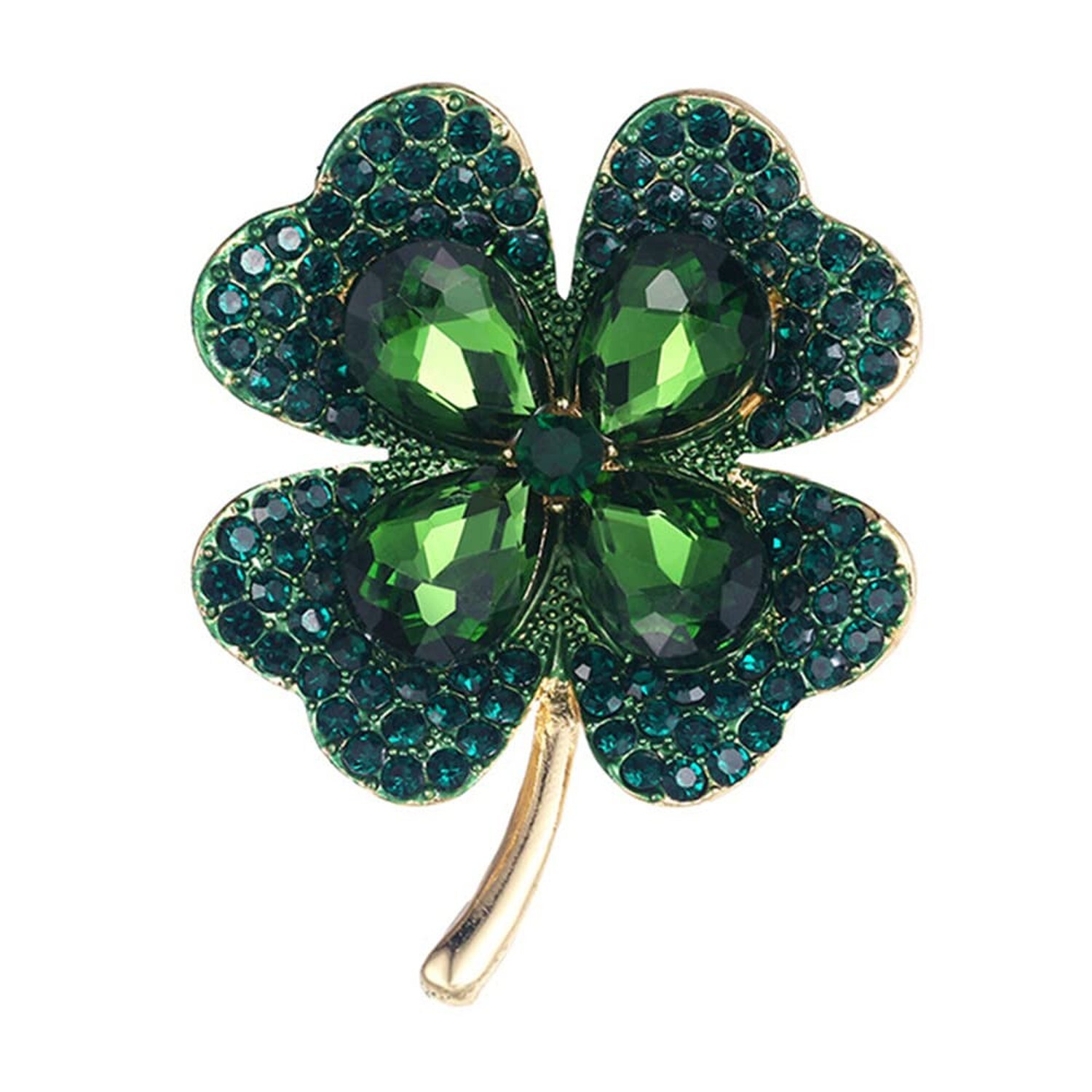 Rhinestone Green Clover Leaf Brooch Pin for Women Girls Unisex Gold Plated Vi...