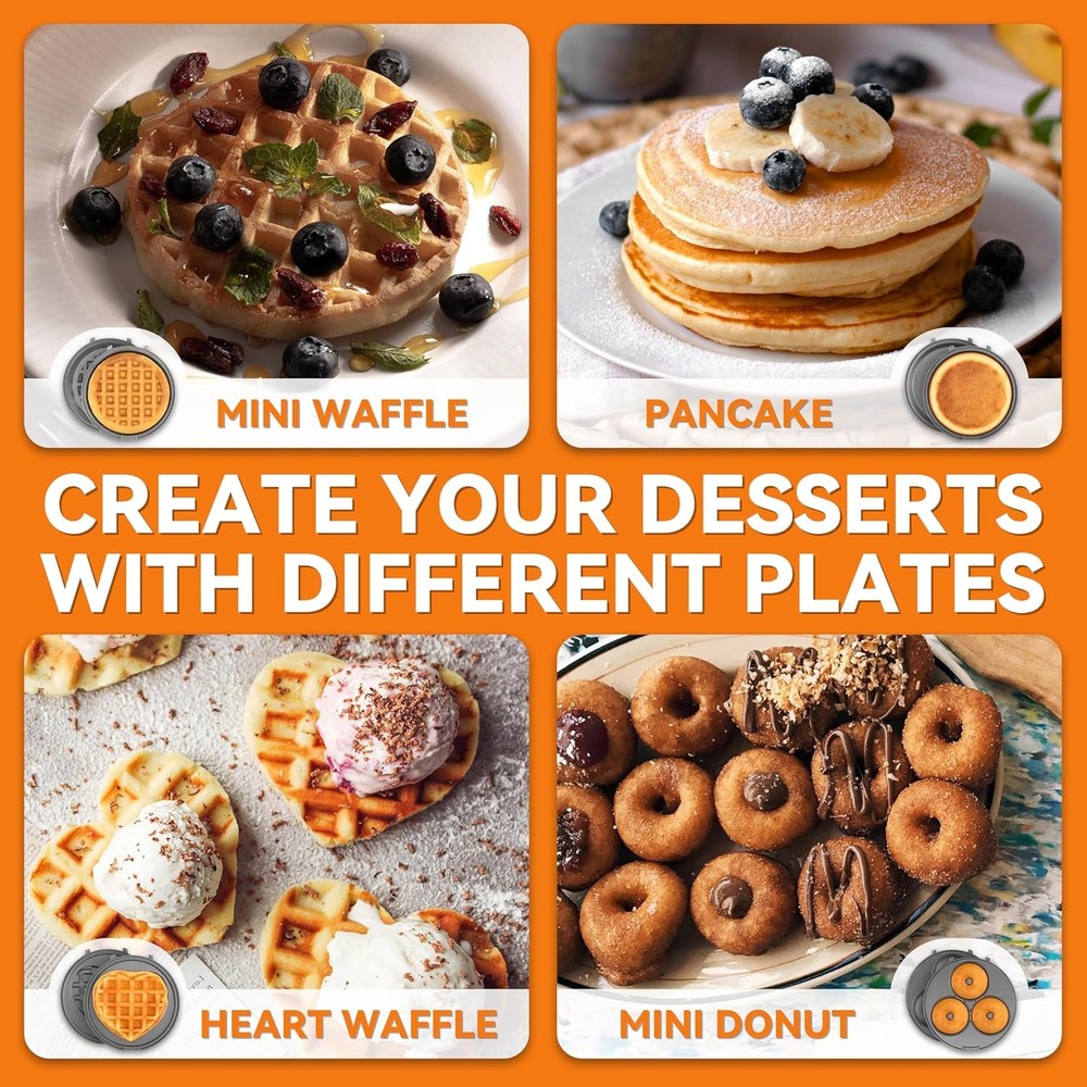Compact 4-in-1 Mini Waffle Maker with Removable Plates, Portable Design