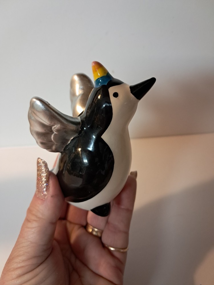 Penguin Figurine Silver Wings Birthday Hat Ceramic 3.5”