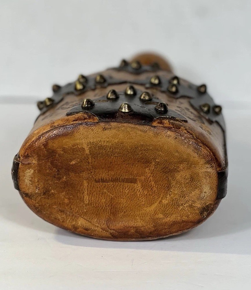 Vintage Leather Wrapped Decanter Bottle Tooled Embossed Brass Studs Barware