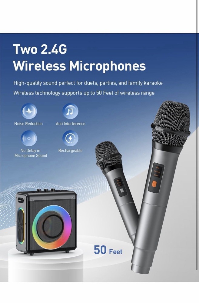 Karaoke Machine with 2 Wireless Microphones: Portable Bluetooth Speaker