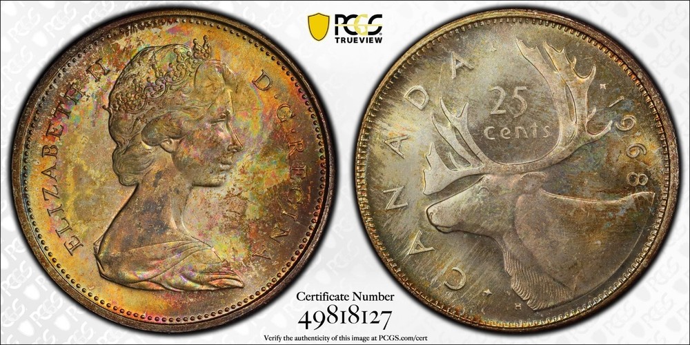 1968 Canada 25C Silver Quarter PCGS MS65 Rainbow Toned Moose