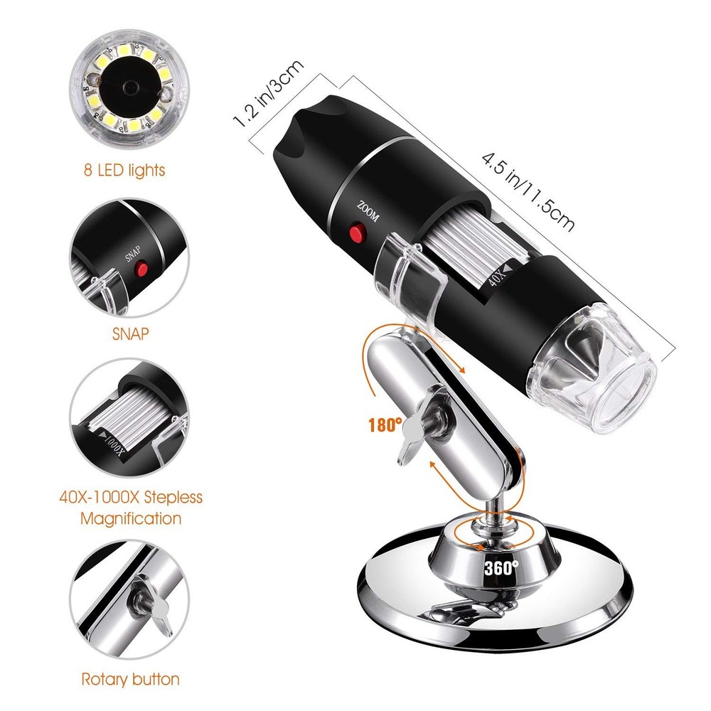 USB Digital Microscope 40X to 1000X, 8 LED Magnification Endoscope Camera with C