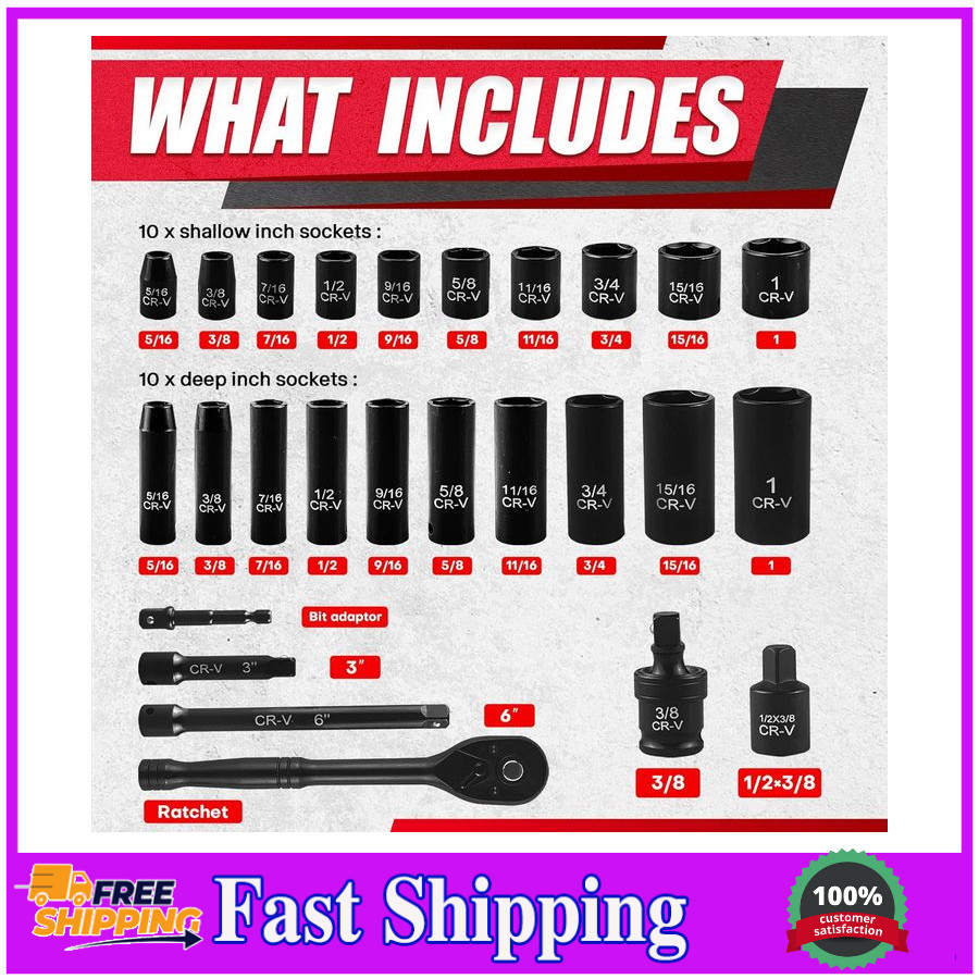 64Pcs 3/8" Socket Set,Drive Impact Socket Set, Sae/Metric, Deep & Shallow, Cr-V