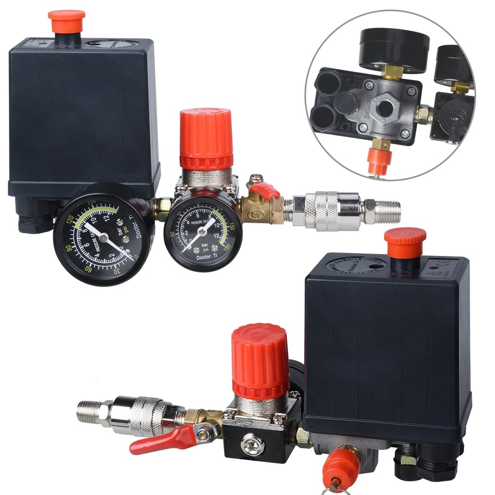 Preciva Air Compressor Pressure Switch Control Valve with 4 Way Black