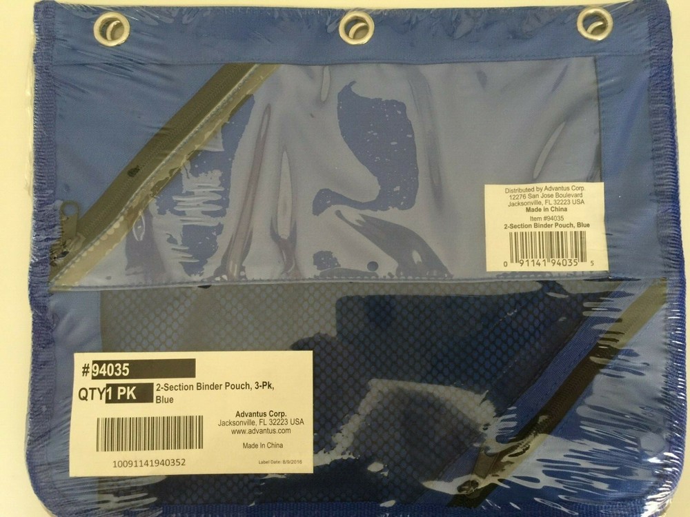 Advantus Two-Section Binder Pouch 11 x 9 Blue 3/Pack 94035 New