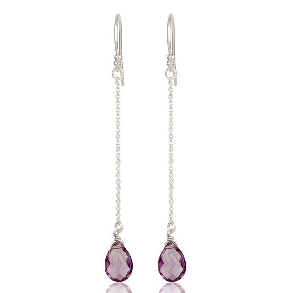 Handmade 925 Silver Briolette Amethyst Gemstone Chain Long Dangle Earrings