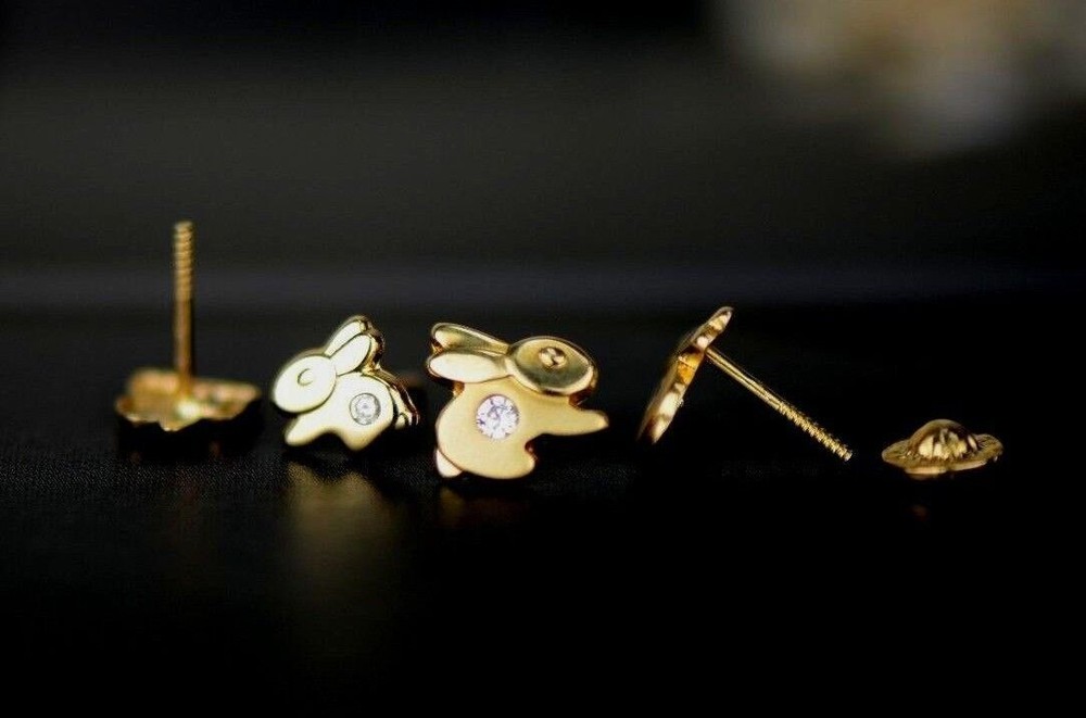 14k Yellow Gold CZ Rabbit Stud Earring