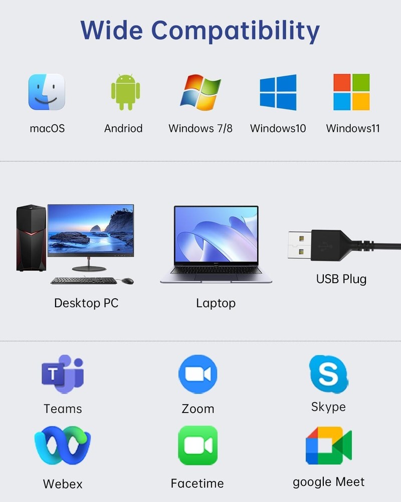 USB Headset with Microphone for PC, Wired Headphones with Mic USB Headse