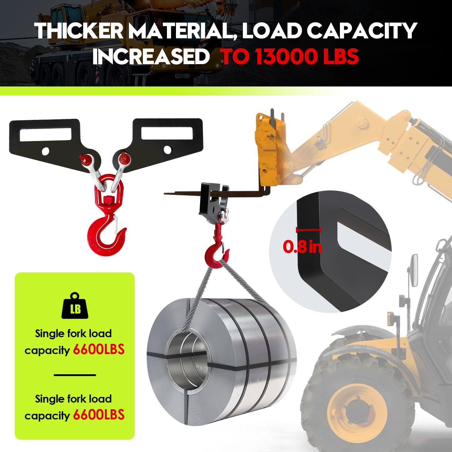 2-Pack Forklift Lifting Hook,Fork Lifting Attachment,Single Piece Load 6600 Lbs