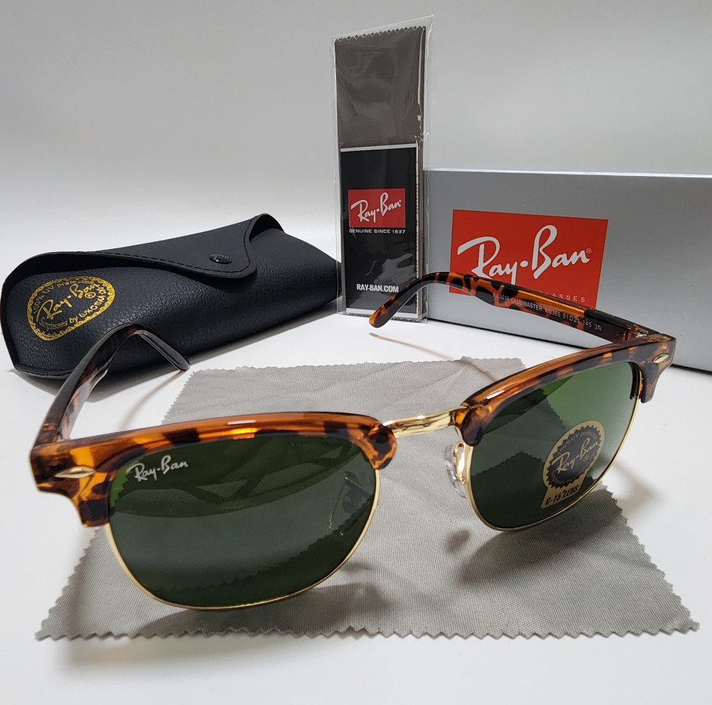 Ray-Ban RB3016 Clubmaster Brown Tortoise Frame Glass Green Lens 51mm