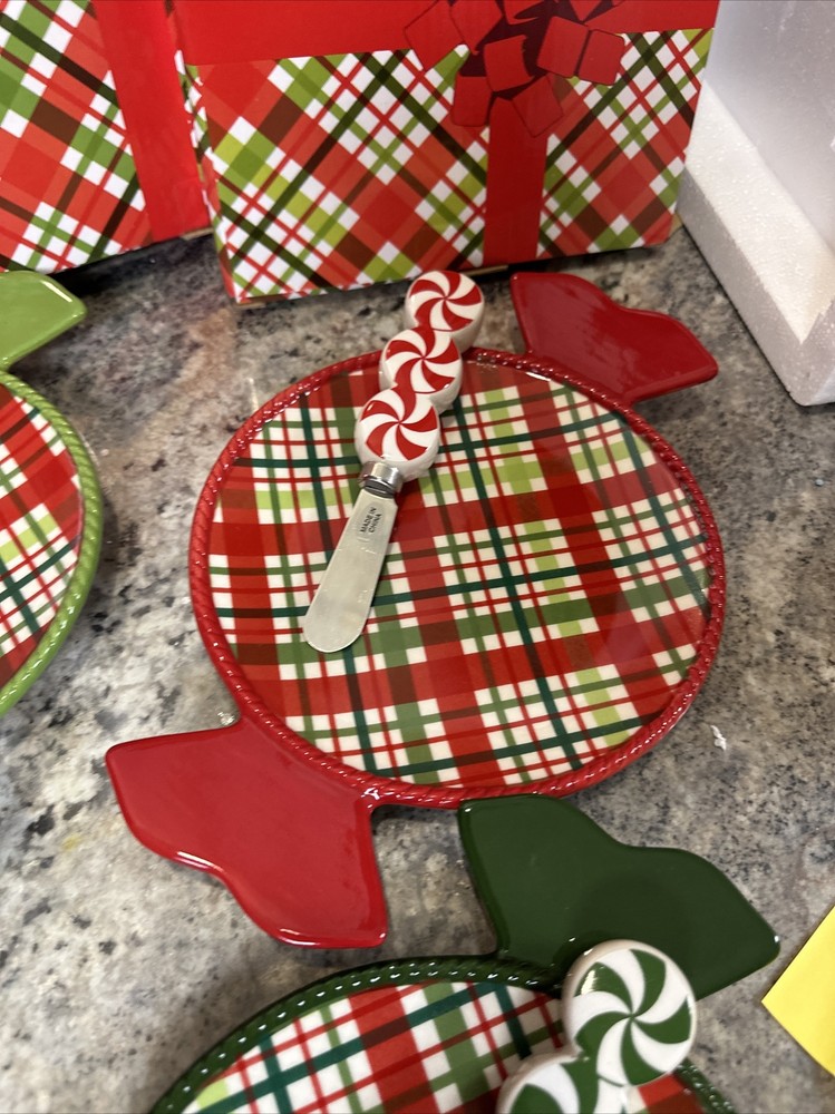 6pc Temptations Candy Plaid Platter Plates & Peppermint Candy Knives RARE