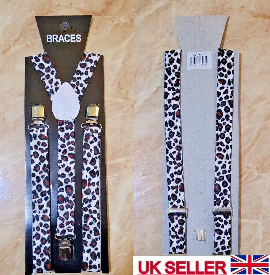 SNOW LEOPARD PATTERN DESIGN ADJUSTABLE BRACES MENS UNISEX TROUSER ELASTIC Y-BACK