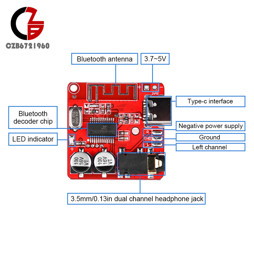 3.7-5V Type-C Bluetooth 5.0 Audio Receiver Amplifier Module Precise MP3 Decoder