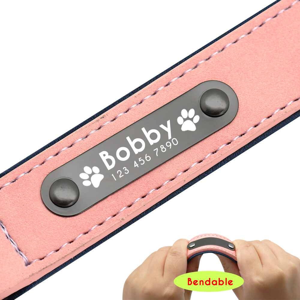Soft Leather Personalized Dog Collar ID Tag Engraved for Small Medium Large Dogs