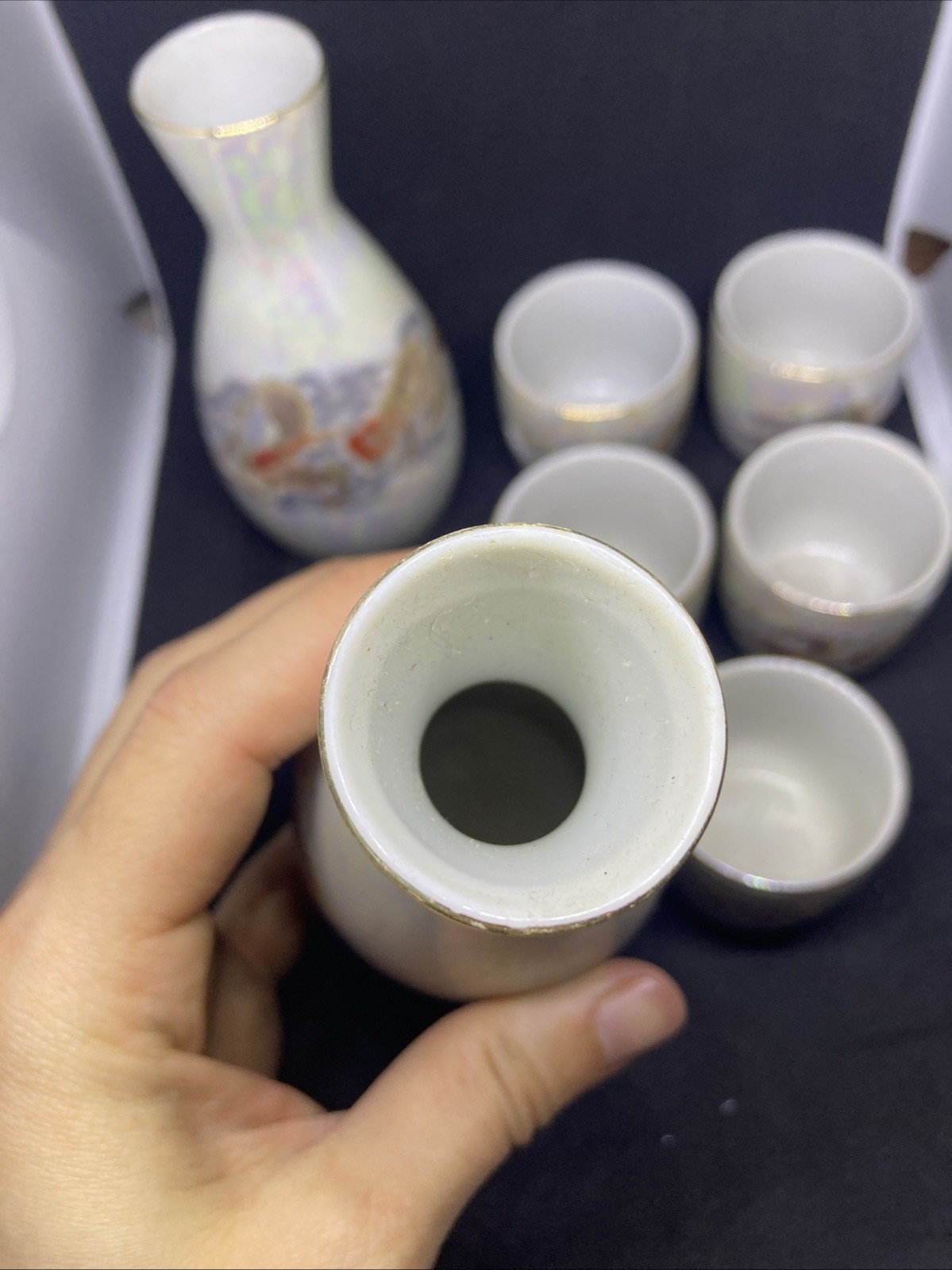 Japanese Fuji Ceramic Sake Set White Golden Drago Gold Trim 7 Piece Set