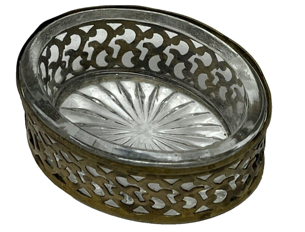 Vintage Open Salt  Cellar Dip Dish Openwork Metal Work With Glass Insert Oval