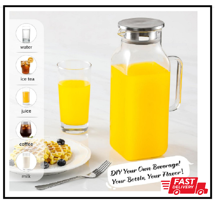 2 Quart (2 Liter 68 oz) Square Glass Pitcher with Lid and Spout, Water Pitchers