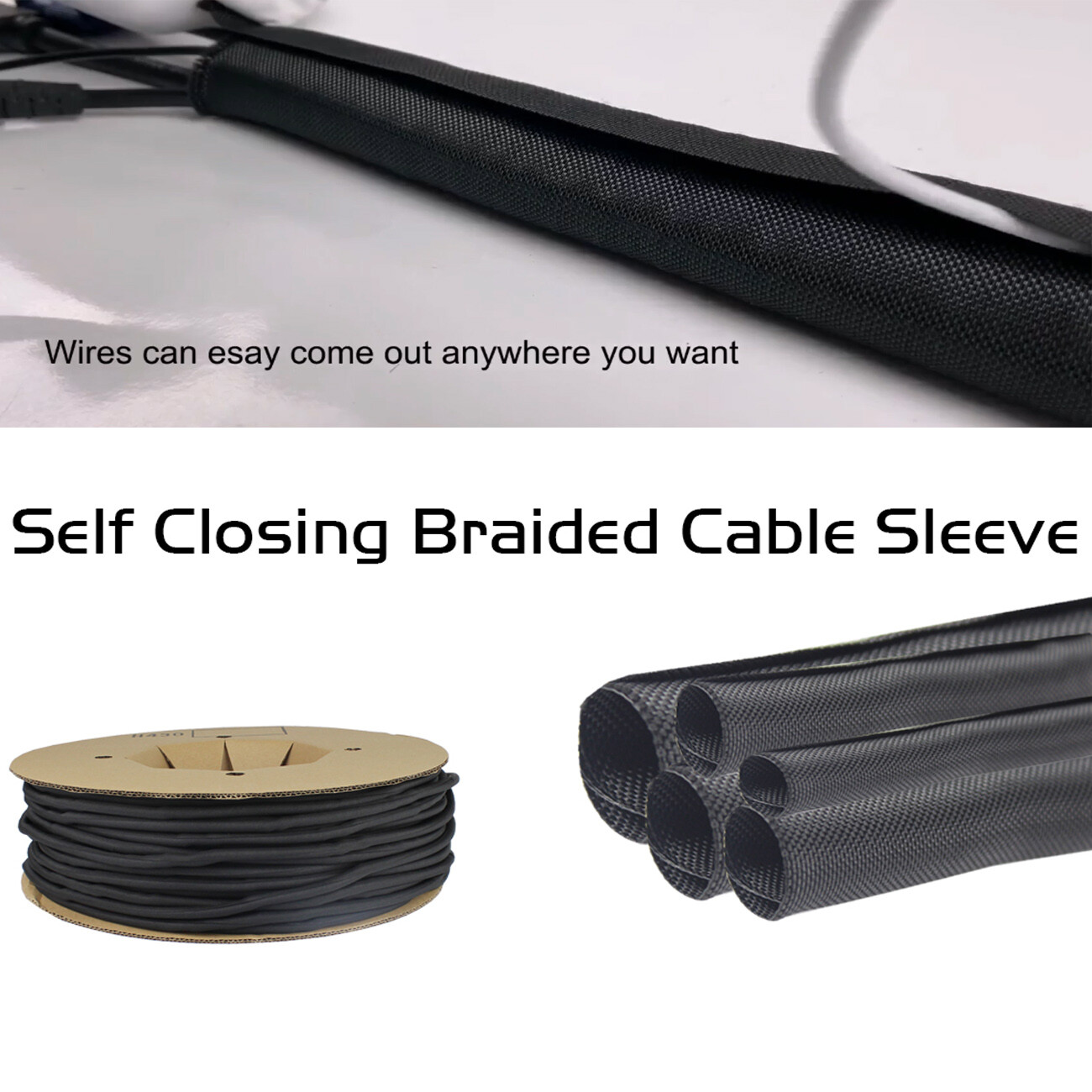 Split Braided Cable Sleeve Self-Wrap Wire Loom for Auto Harness Protection Black