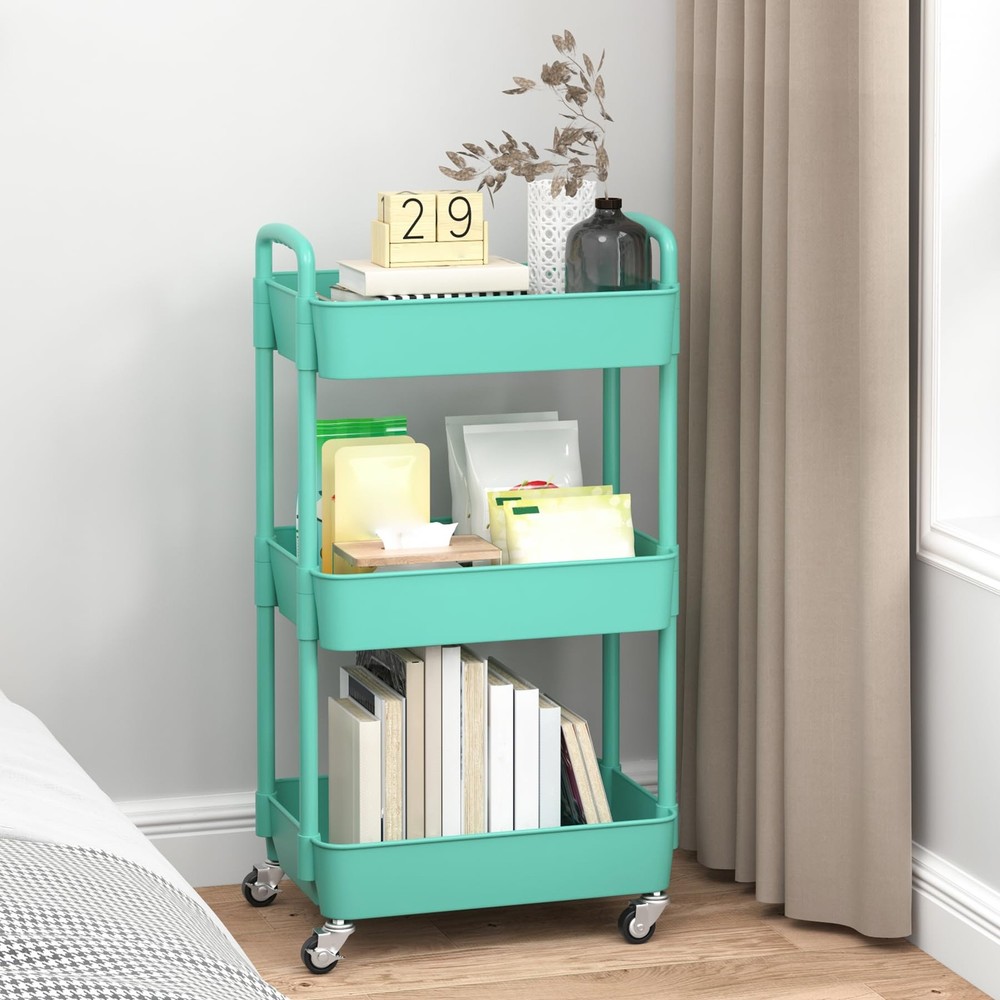 3-Tier Plastic Rolling Utility Cart with Handle, Multi-Functional Storage