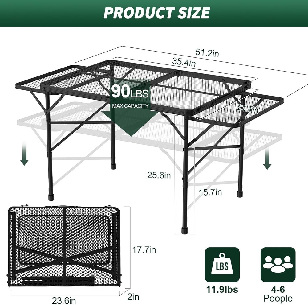Folding Camping Table – 3x2FT with Mesh Desktop & Adjustable Wings, Black