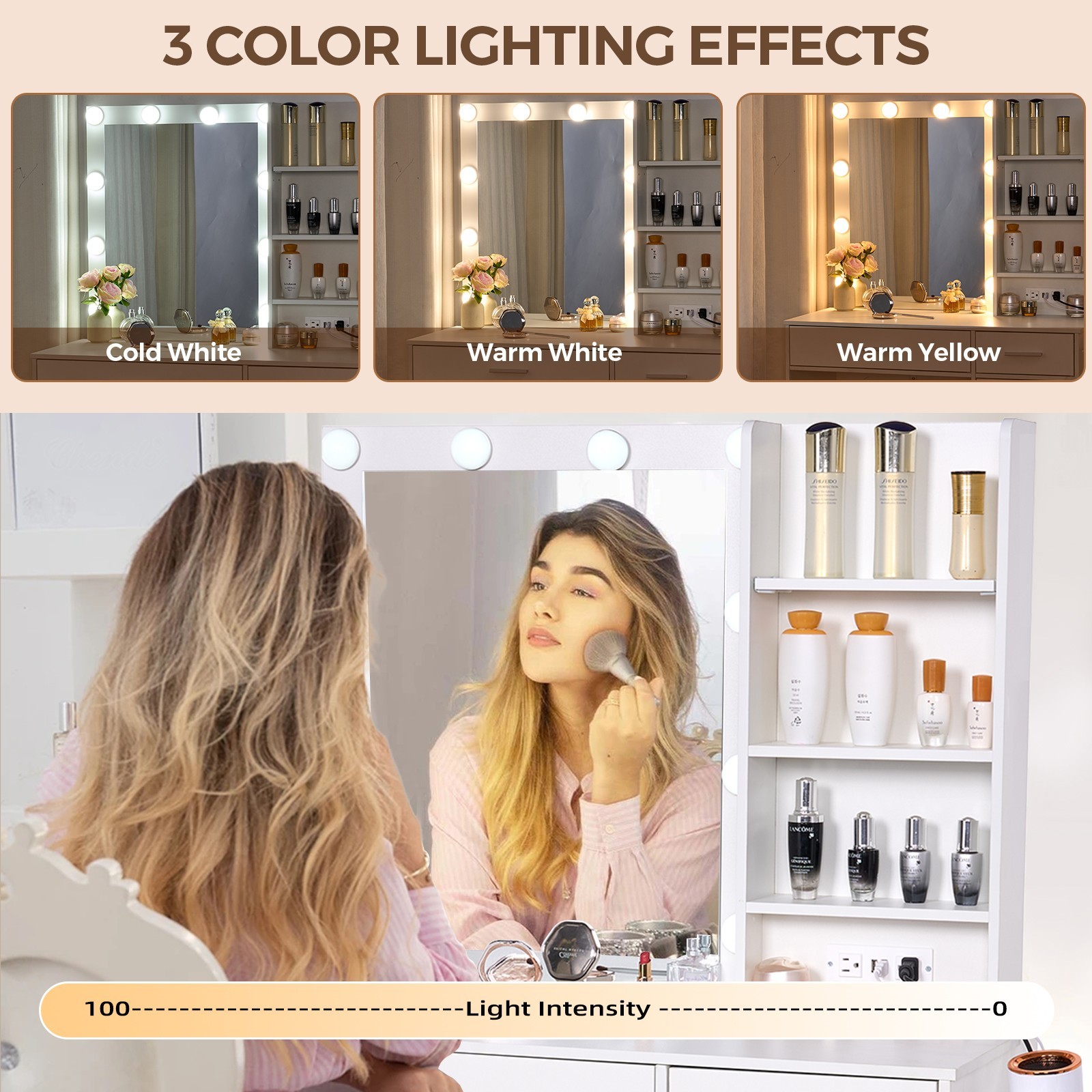 Makeup Vanity Desk with Mirror and 3-Color Light,4 Drawers,Cute Vanity Table