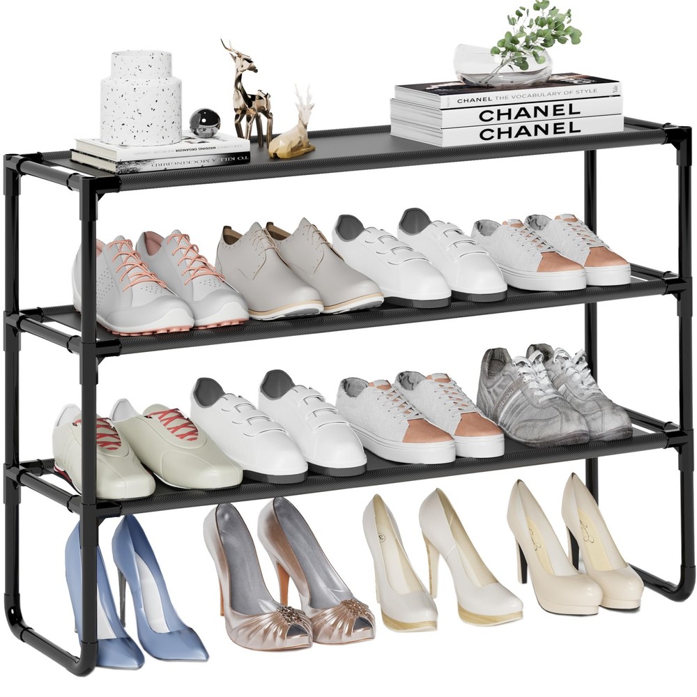COAPUKT Long Shoe Rack, 3-Tier Stackable Organizer for 3-Black, Black