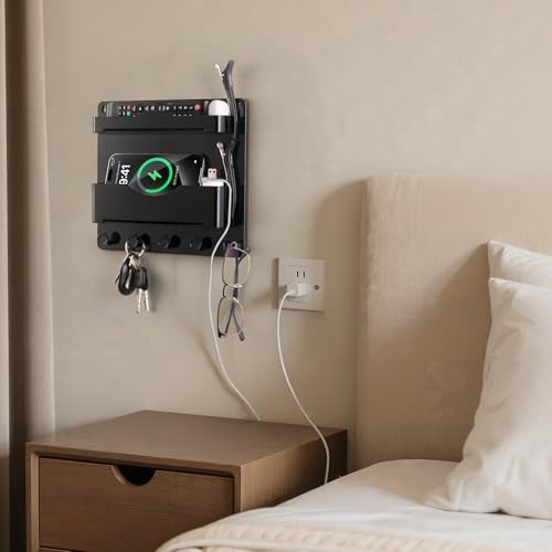 Bedside Wall Shelf with Glasses Hooks ，Adhesive Bedside Organizer Wall Black