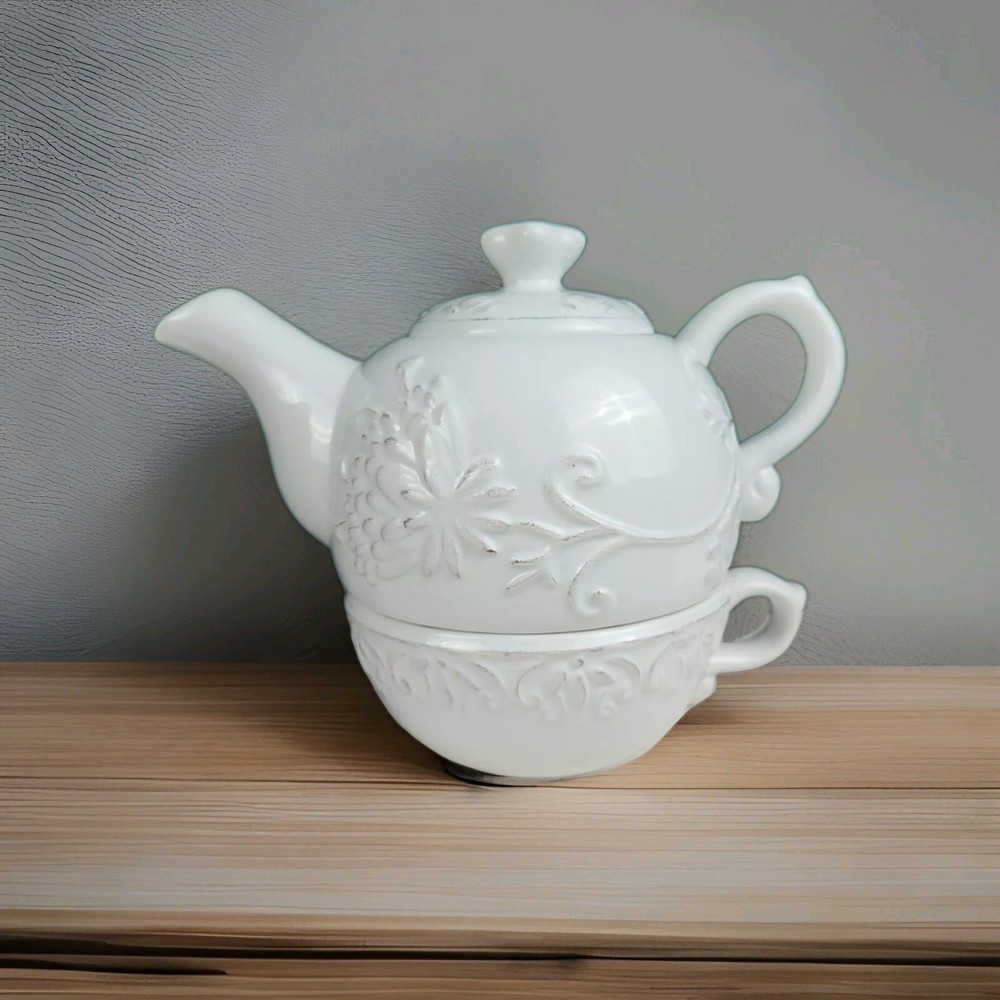 Dena Home Stackable Teapot + Cup - White Embossed Scroll/Floral