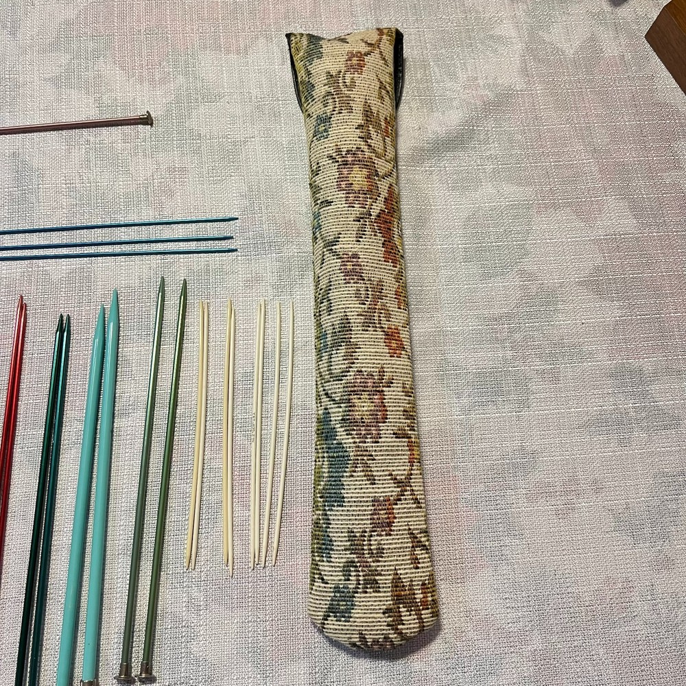 Vintage Various Knitting Needles with Embroidered Carrying Case Snap Close