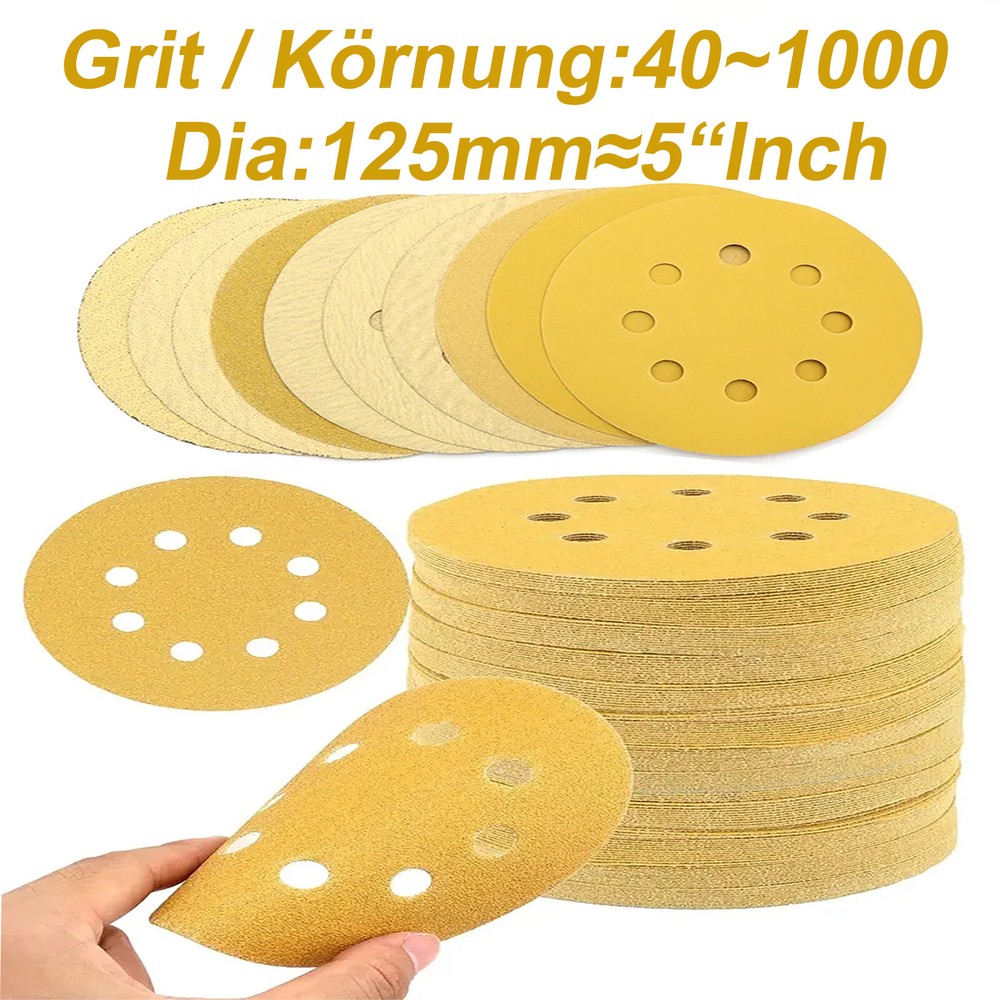 5 Inch 8 Hole Dustless Hook/Loop Sanding Disc Sander Round Sandpaper P40~P1000