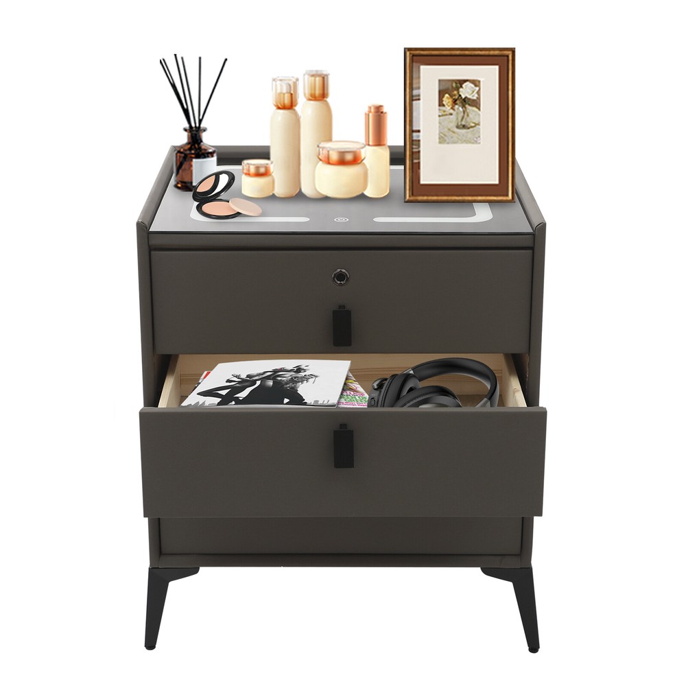 Smart Bedside Table + Three-color Light+Drawers+Usb&wireless Charging Dark Grey