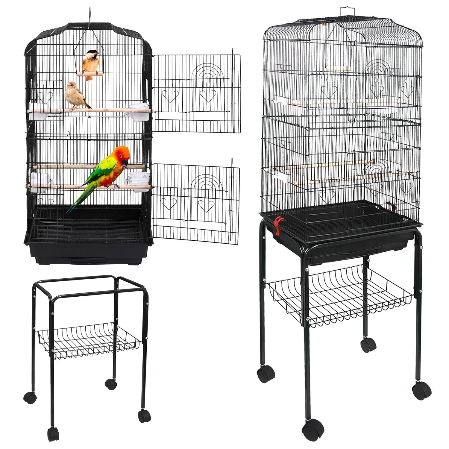 59'' Bird Cage with Rolling Stand Cockatiel Parakeet Finch Parrot Birdcage Black