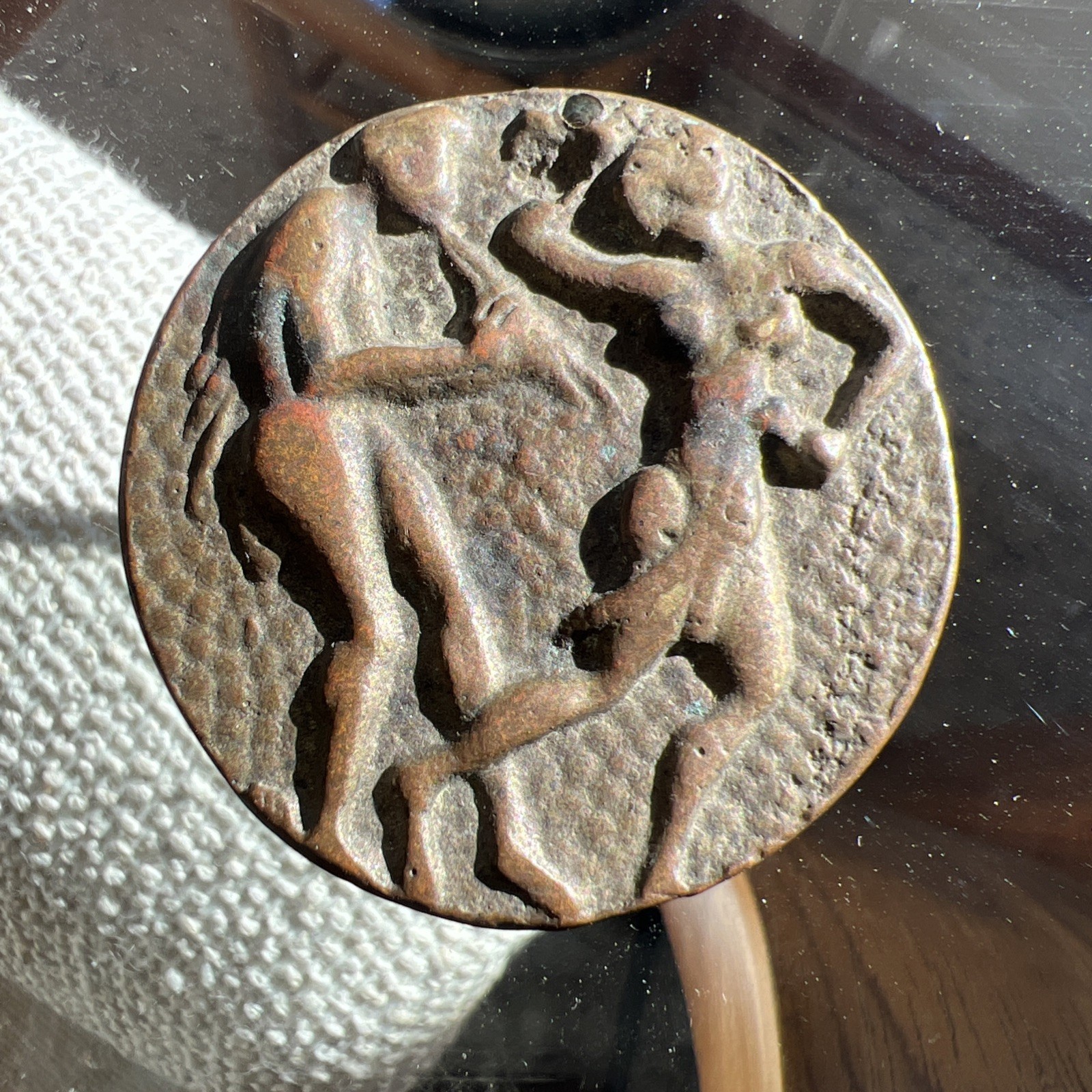 Modernist Greek Style Cast Coin Medallion Flute Player & Dancing Woman Discus
