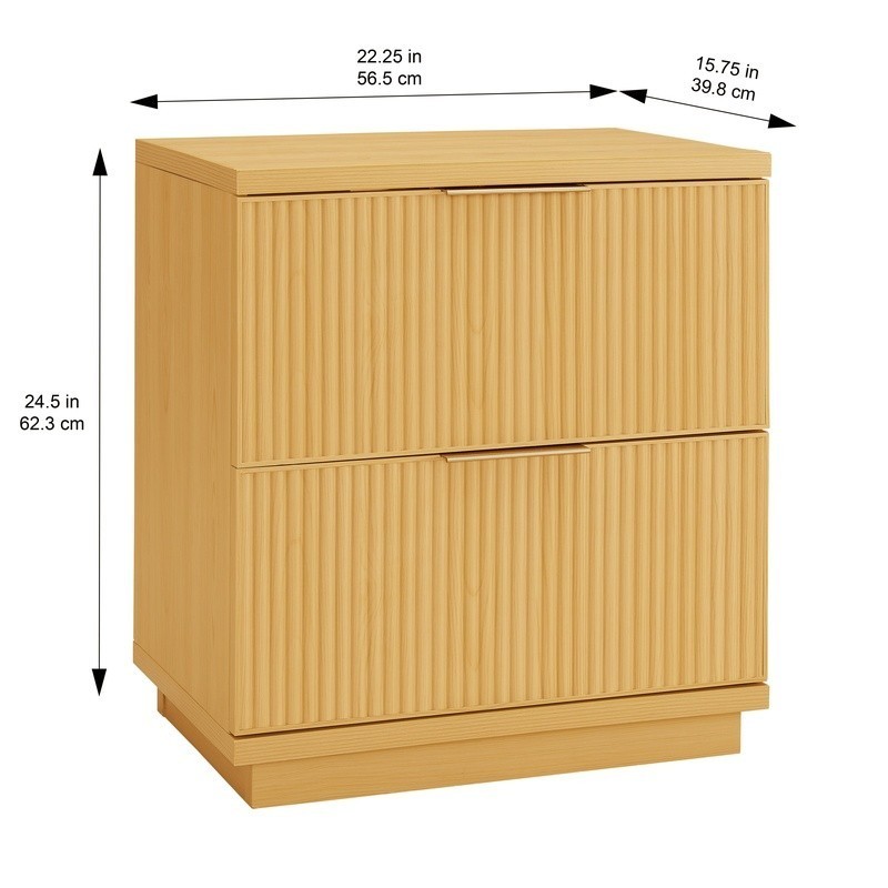 Fluted 2-Drawer Nightstand W/ USB Charging Natural Pine Bedside Table Storage