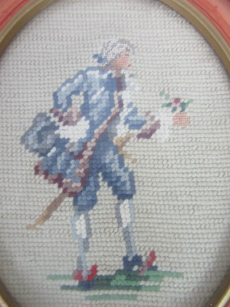 Finished Framed Vintage Needlepoint Victorian Man Proposal Completed Oval