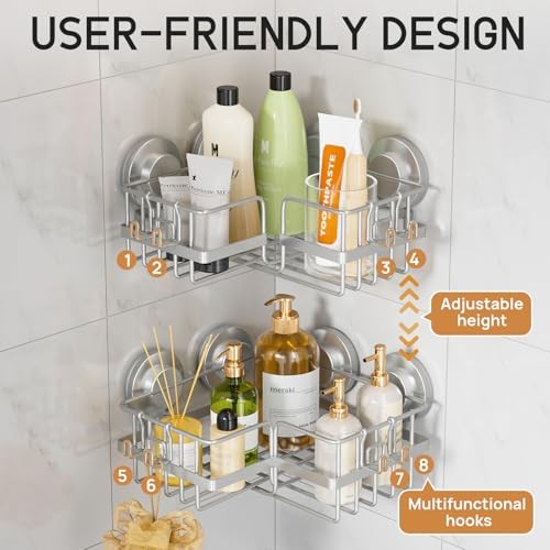Corner-adaptive Suction Cup Shower Caddies 2 Pack, Corner Caddy, Grey
