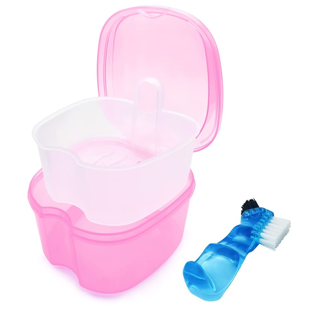 Denture Bath Case Soaking Cup with Brush, Holder Light Pink