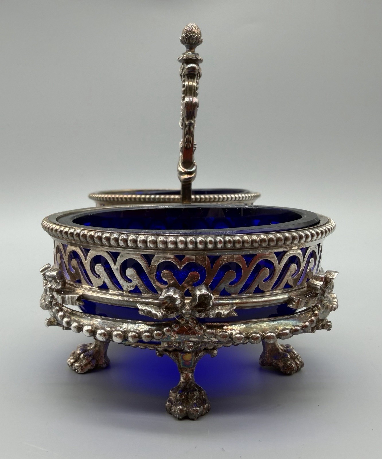 Belgian .900 Silver Double Salt Cellar with Cobalt Glass Liners, 334 grams