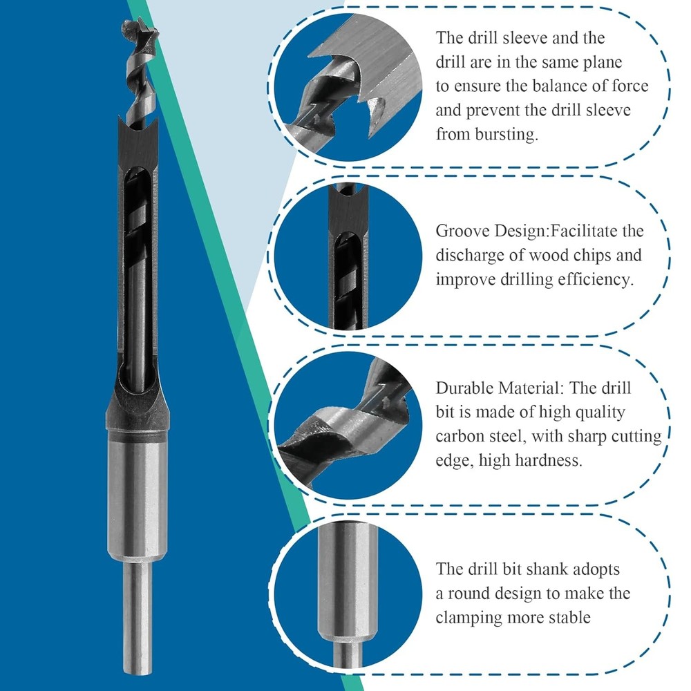 Square Hole Mortise Chisel Drill Bit Set 6PCS for Woodworking Mortising Machine
