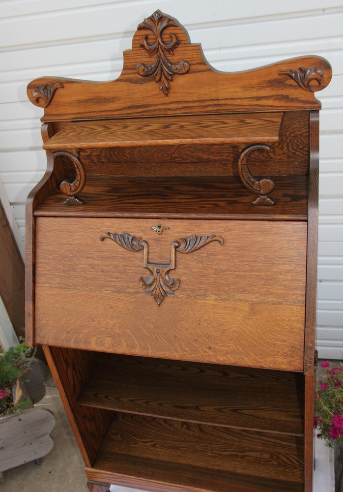 Antique Oak Drop Front Desk w Extra Top Shelf & Applied Leaf Cornucopia Carvings