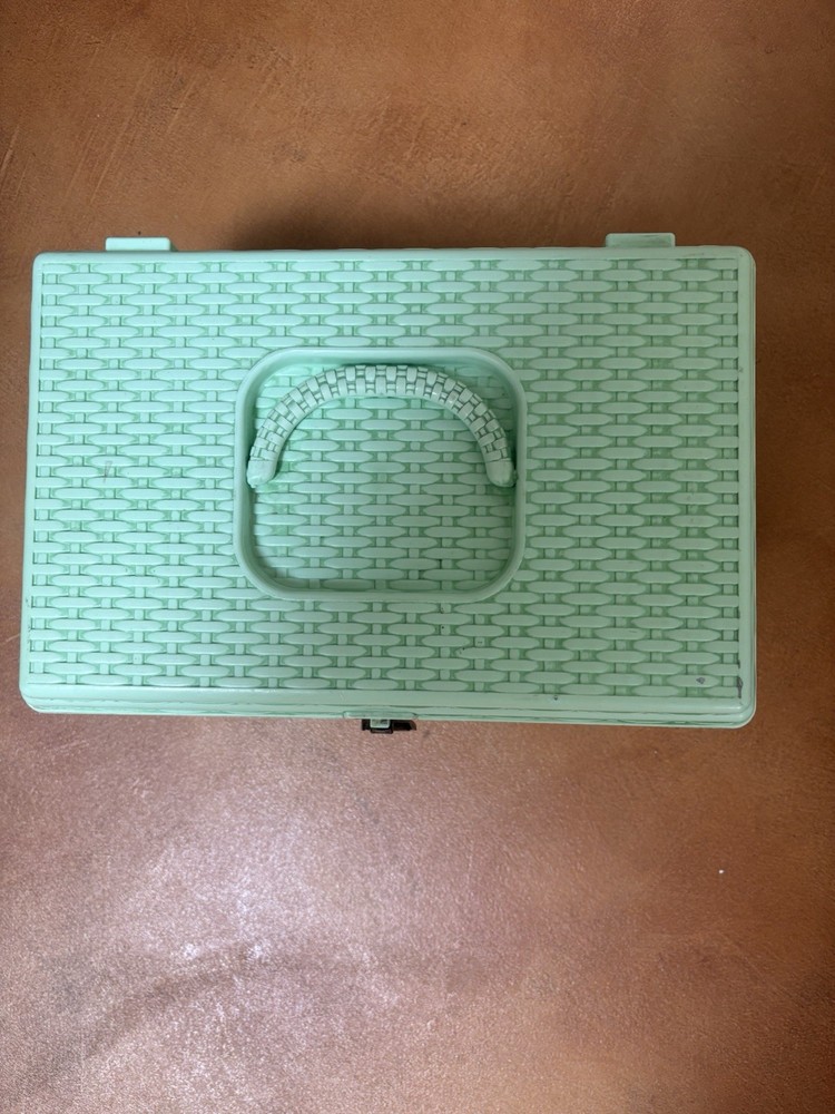 Light Green Plastic Sewing Basket with Handle and Compartments