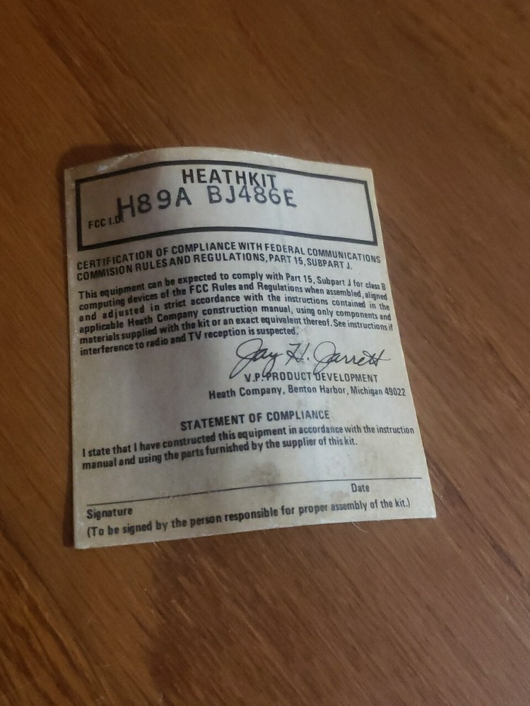 ONE New Heathkit Model H89A Compliance Label